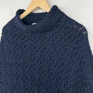 ARAN Sweater Womens OS Hawthorn Pattern Cable Poncho Virgin Wool Blue Ireland